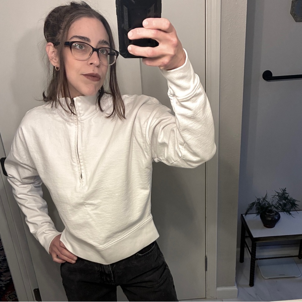Talentless White Cropped Quarter Zip Sweatshirt Mock Neck Minimalist Pullover